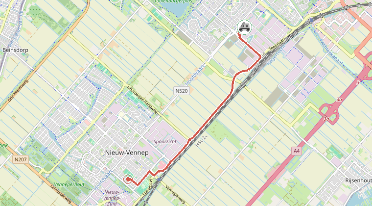 Kaart van de omgeving van de melding, met de kazerne die is gealarmeerd