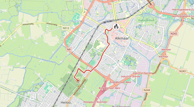 Kaart van de omgeving van de melding, met de kazerne die is gealarmeerd