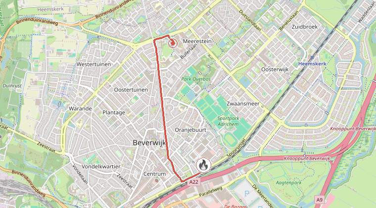 Kaart van de omgeving van de melding, met de kazerne die is gealarmeerd