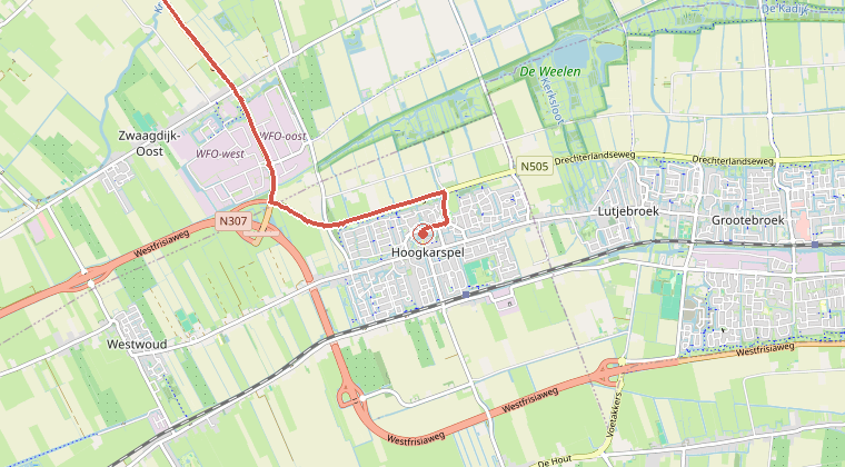 Kaart van de omgeving van de melding, met de kazerne die is gealarmeerd