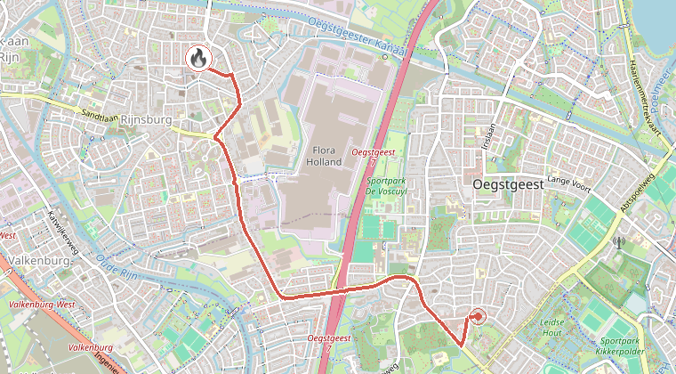 Kaart van de omgeving van de melding, met de kazerne die is gealarmeerd