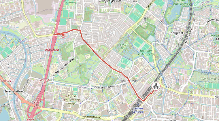 Kaart van de omgeving van de melding, met de kazerne die is gealarmeerd
