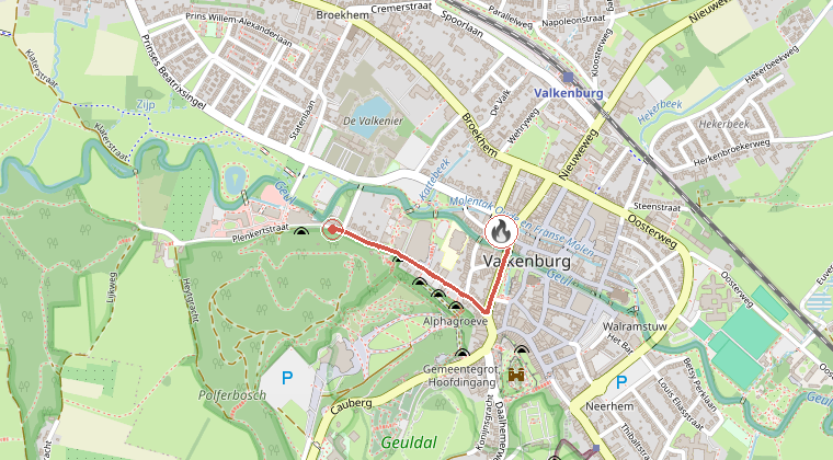 Kaart van de omgeving van de melding, met de kazerne die is gealarmeerd