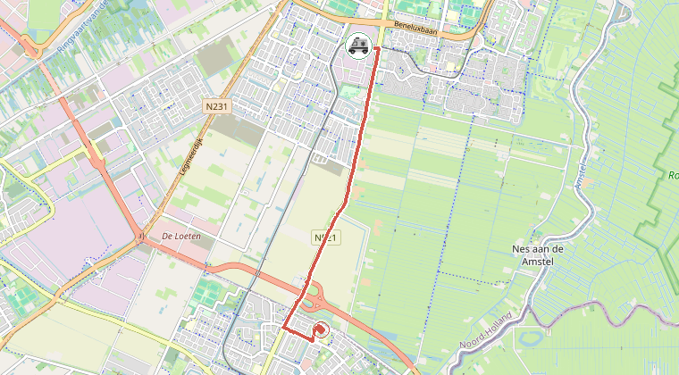 Kaart van de omgeving van de melding, met de kazerne die is gealarmeerd