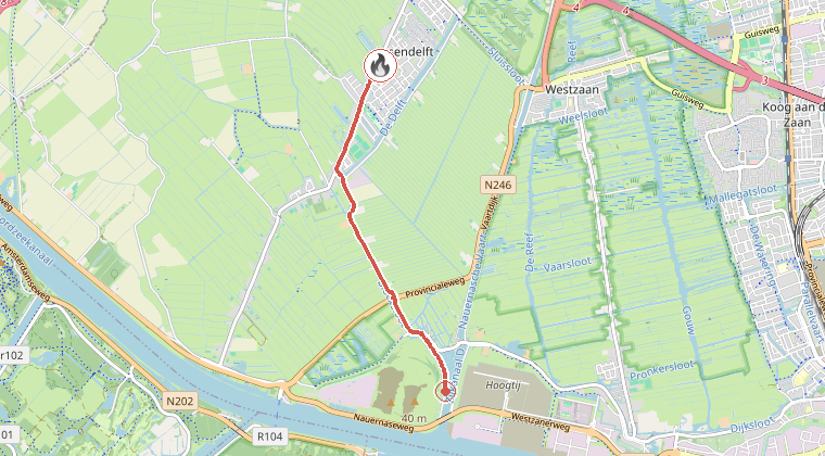 Kaart van de omgeving van de melding, met de kazerne die is gealarmeerd