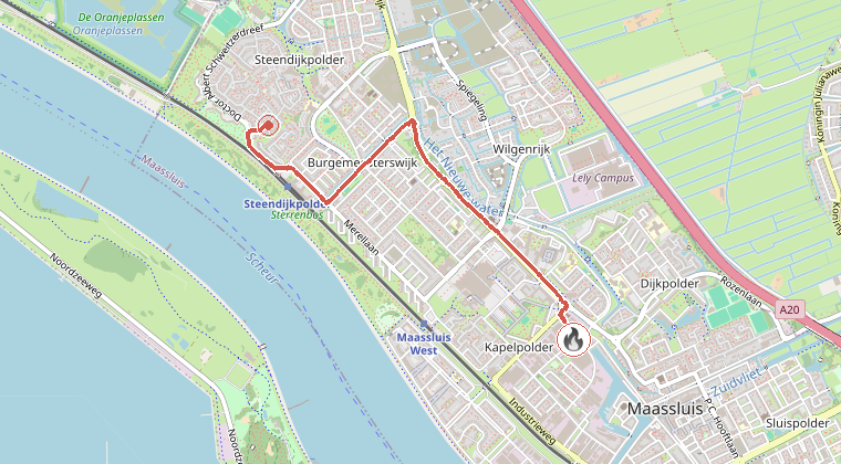Kaart van de omgeving van de melding, met de kazerne die is gealarmeerd