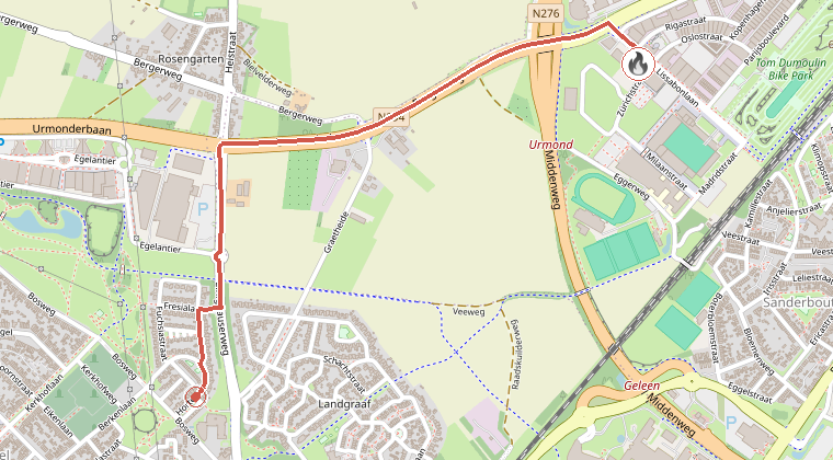 Kaart van de omgeving van de melding, met de kazerne die is gealarmeerd