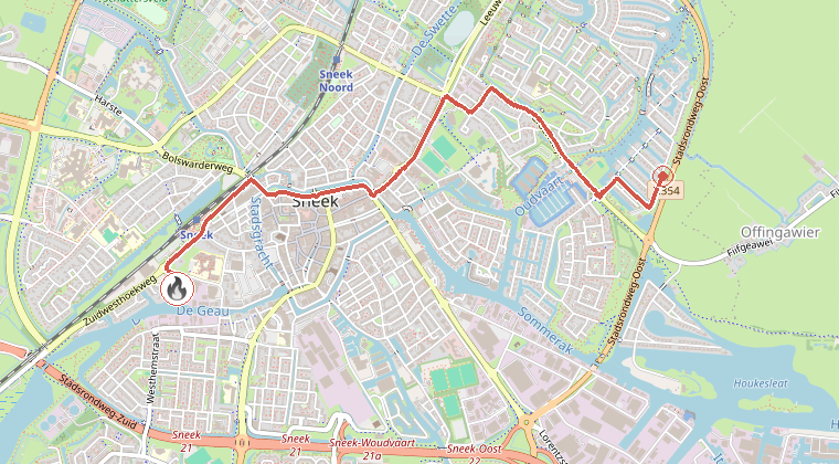 Kaart van de omgeving van de melding, met de kazerne die is gealarmeerd