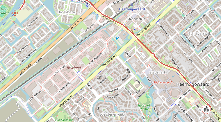 Kaart van de omgeving van de melding, met de kazerne die is gealarmeerd