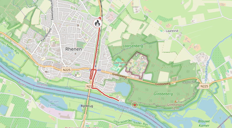 Kaart van de omgeving van de melding, met de kazerne die is gealarmeerd