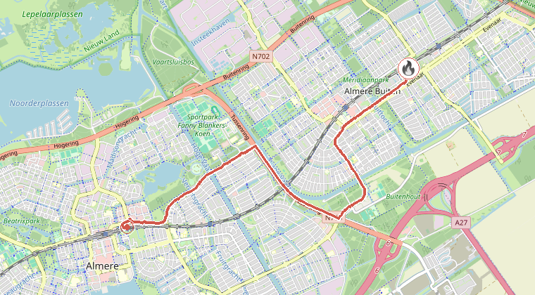 Kaart van de omgeving van de melding, met de kazerne die is gealarmeerd