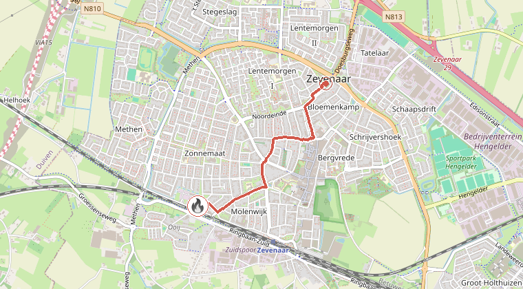 Kaart van de omgeving van de melding, met de kazerne die is gealarmeerd