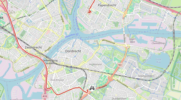 Kaart van de omgeving van de melding, met de kazerne die is gealarmeerd