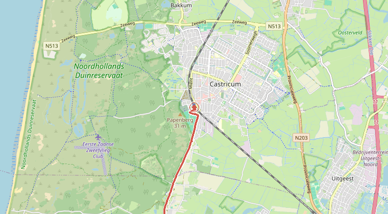 Kaart van de omgeving van de melding, met de kazerne die is gealarmeerd