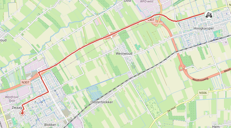 Kaart van de omgeving van de melding, met de kazerne die is gealarmeerd