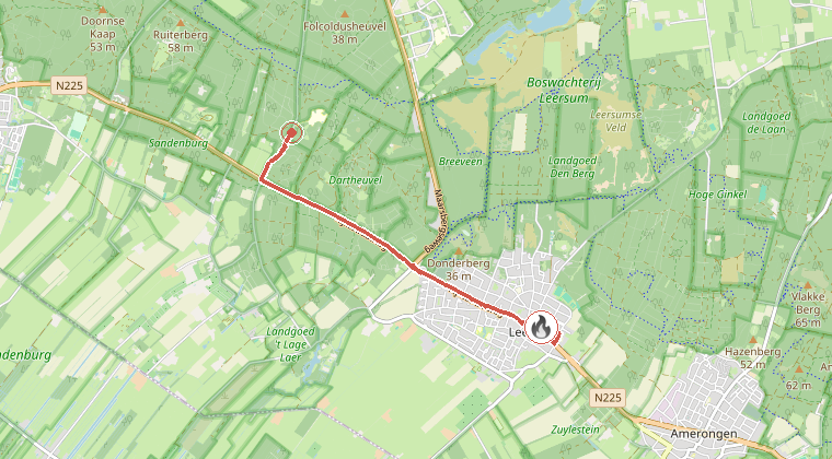 Kaart van de omgeving van de melding, met de kazerne die is gealarmeerd
