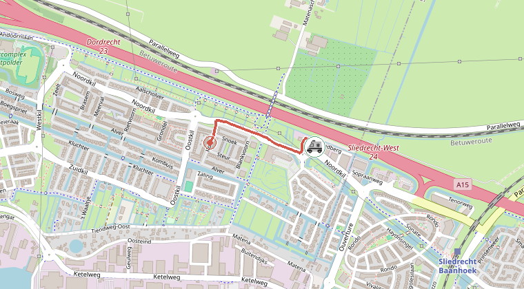 Kaart van de omgeving van de melding, met de kazerne die is gealarmeerd