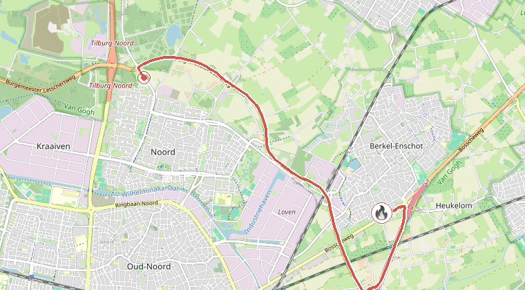 Kaart van de omgeving van de melding, met de kazerne die is gealarmeerd
