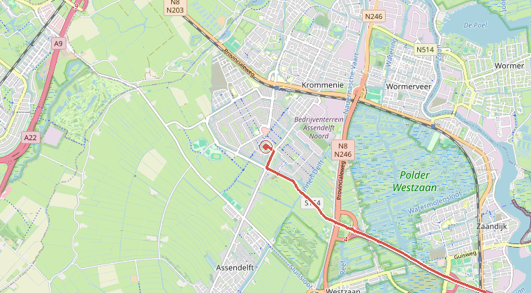 Kaart van de omgeving van de melding, met de kazerne die is gealarmeerd