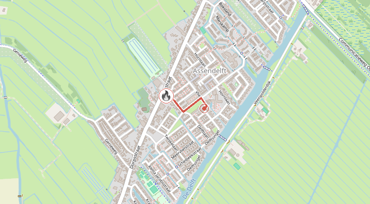 Kaart van de omgeving van de melding, met de kazerne die is gealarmeerd