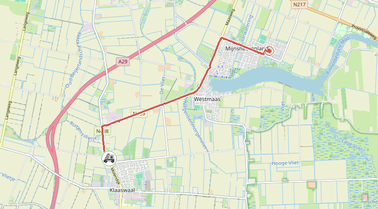 Kaart van de omgeving van de melding, met de kazerne die is gealarmeerd