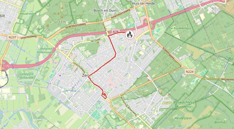 Kaart van de omgeving van de melding, met de kazerne die is gealarmeerd