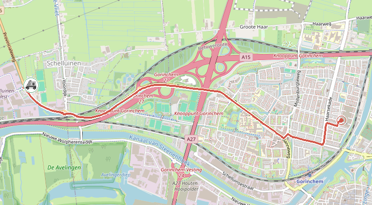 Kaart van de omgeving van de melding, met de kazerne die is gealarmeerd