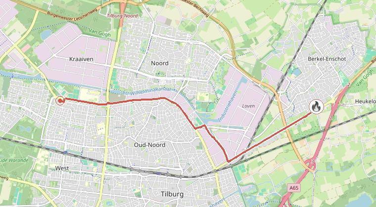 Kaart van de omgeving van de melding, met de kazerne die is gealarmeerd