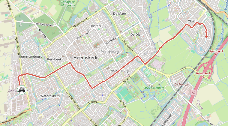 Kaart van de omgeving van de melding, met de kazerne die is gealarmeerd