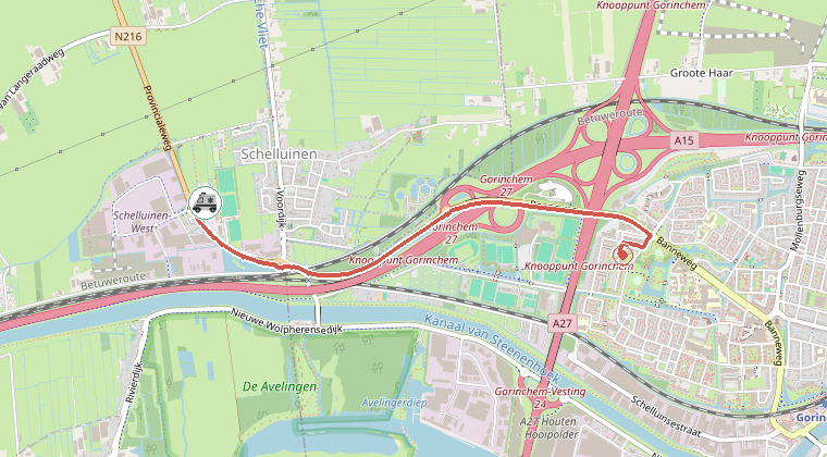 Kaart van de omgeving van de melding, met de kazerne die is gealarmeerd