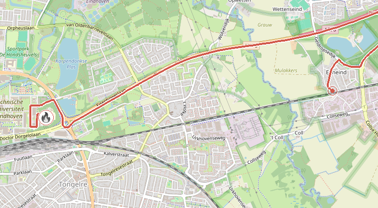 Kaart van de omgeving van de melding, met de kazerne die is gealarmeerd