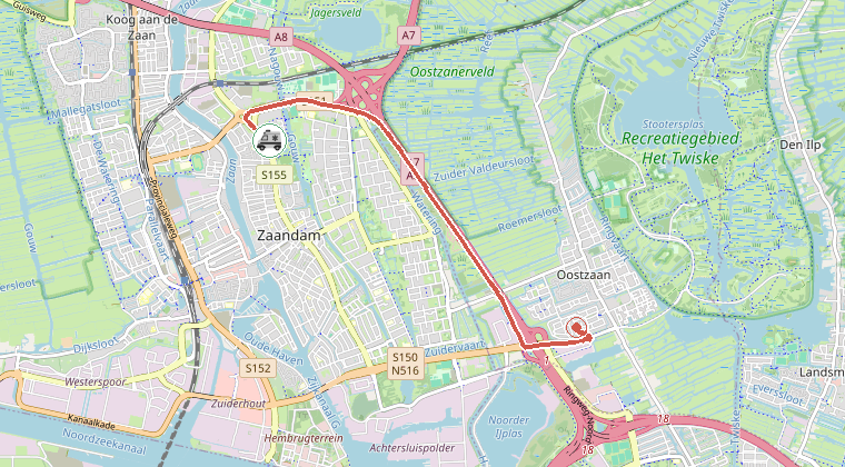 Kaart van de omgeving van de melding, met de kazerne die is gealarmeerd