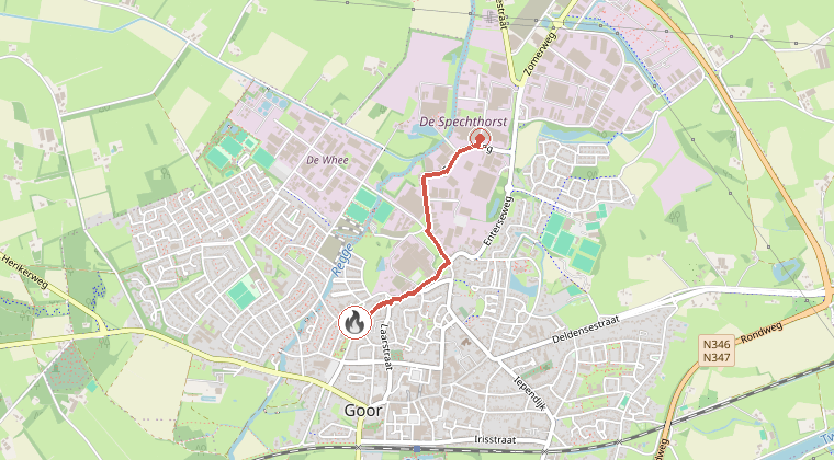 Kaart van de omgeving van de melding, met de kazerne die is gealarmeerd