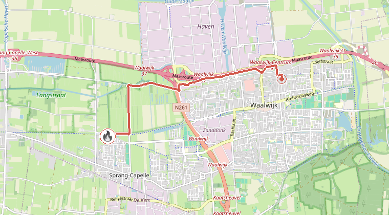 Kaart van de omgeving van de melding, met de kazerne die is gealarmeerd