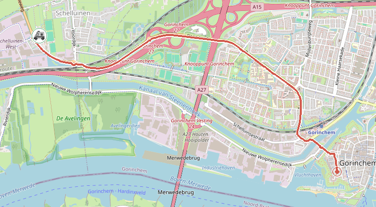 Kaart van de omgeving van de melding, met de kazerne die is gealarmeerd
