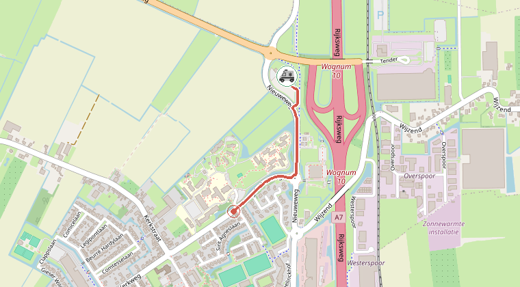 Kaart van de omgeving van de melding, met de kazerne die is gealarmeerd