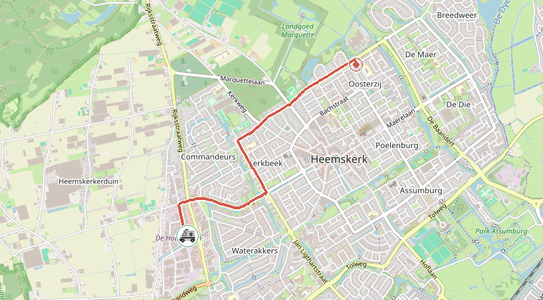 Kaart van de omgeving van de melding, met de kazerne die is gealarmeerd