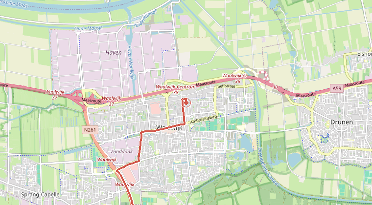 Kaart van de omgeving van de melding, met de kazerne die is gealarmeerd