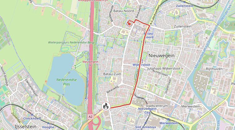 Kaart van de omgeving van de melding, met de kazerne die is gealarmeerd