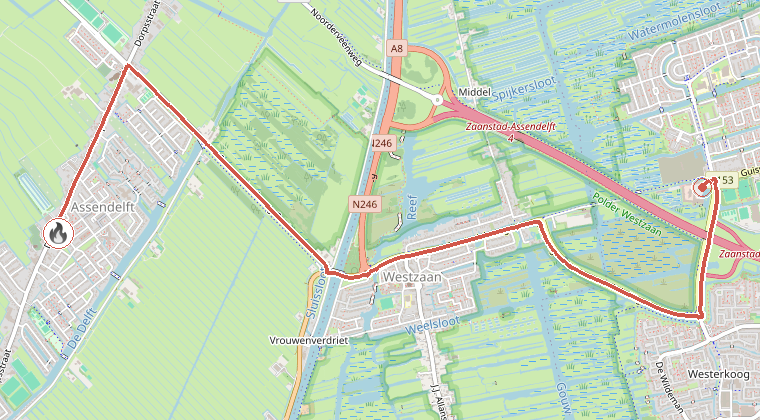 Kaart van de omgeving van de melding, met de kazerne die is gealarmeerd