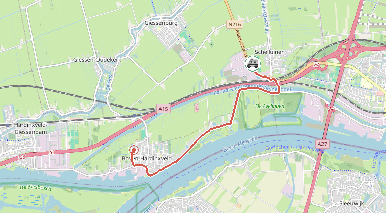 Kaart van de omgeving van de melding, met de kazerne die is gealarmeerd
