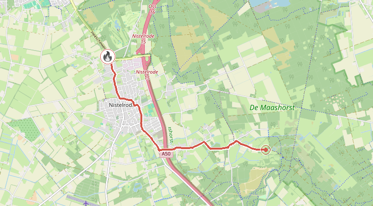 Kaart van de omgeving van de melding, met de kazerne die is gealarmeerd