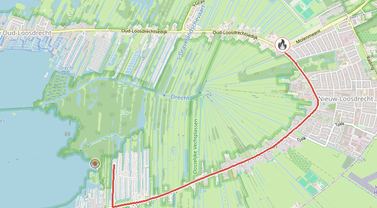 Kaart van de omgeving van de melding, met de kazerne die is gealarmeerd