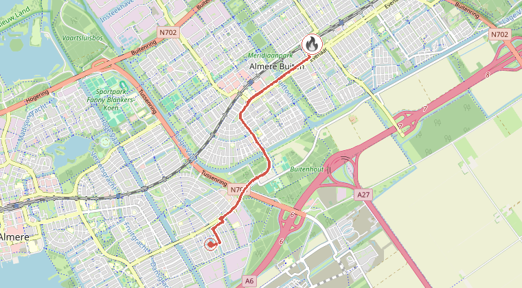 Kaart van de omgeving van de melding, met de kazerne die is gealarmeerd