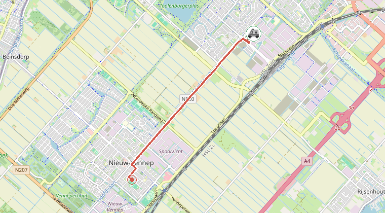 Kaart van de omgeving van de melding, met de kazerne die is gealarmeerd