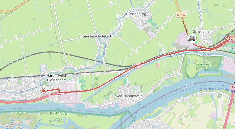Kaart van de omgeving van de melding, met de kazerne die is gealarmeerd
