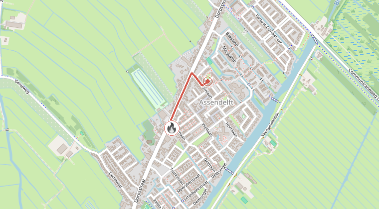 Kaart van de omgeving van de melding, met de kazerne die is gealarmeerd