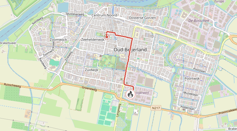 Kaart van de omgeving van de melding, met de kazerne die is gealarmeerd