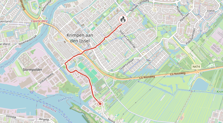 Kaart van de omgeving van de melding, met de kazerne die is gealarmeerd
