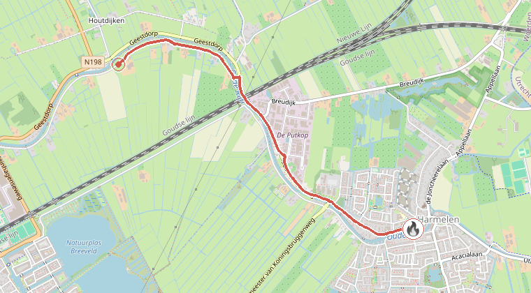 Kaart van de omgeving van de melding, met de kazerne die is gealarmeerd